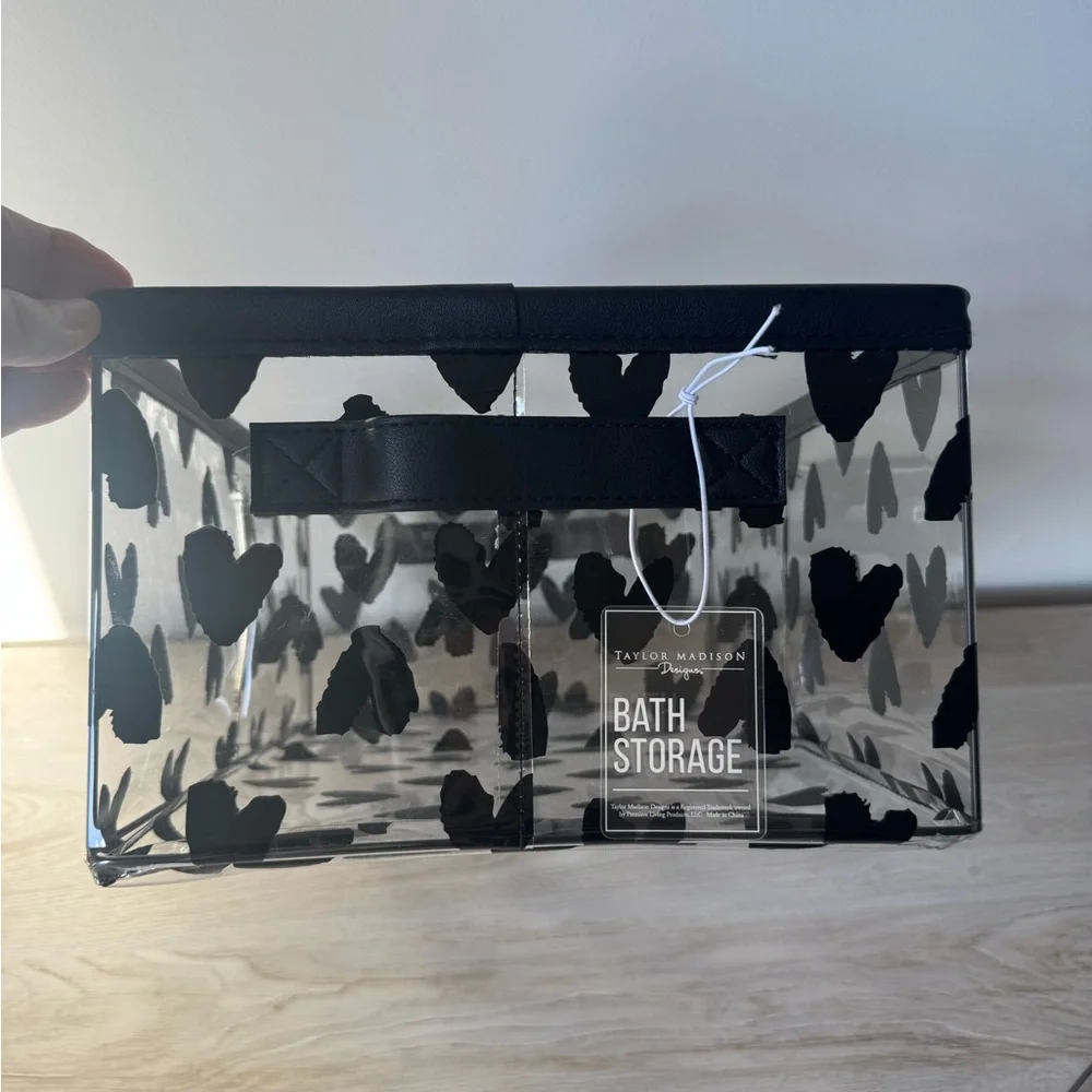 TAYLOR MADISON “BLACK WATER COLOR HEARTS” VINYL BATH STORAGE SET 2 BLACK HANDLES